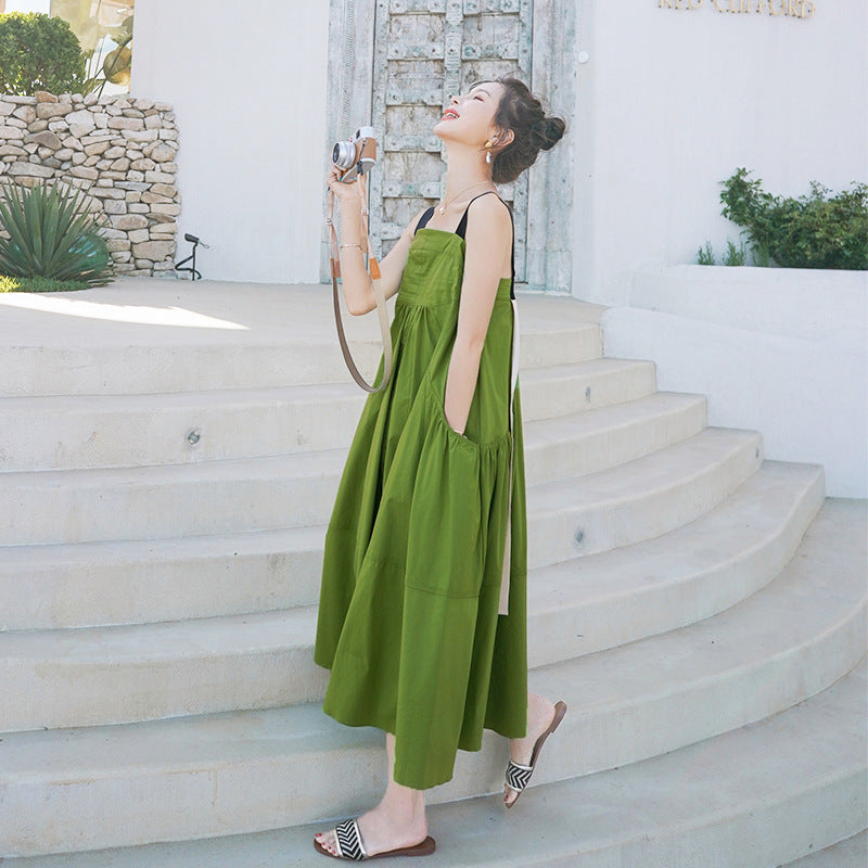 Fashion women's wear Real Shot Design Sense Niche Avocado Green Sling Dress Women's Summer Covering Belly Thin Sanya Vacation Style Dress
