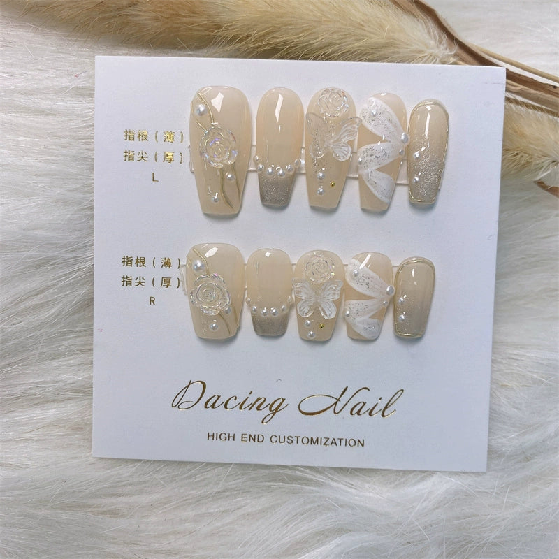 (Hand-made nail) Hand-customized fake nails patch finished product smog blue camellia manicure advanced sense bride A pregnant woman wears a nail.