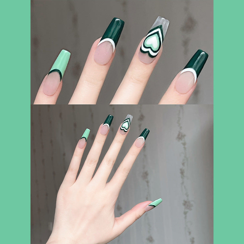 薄荷绿爱心穿戴甲法式美甲贴片欧美甲片 nails 跨境美甲 甲片批发