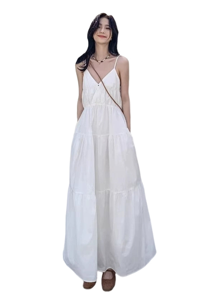 Fashion women's wear Tea Break French First Love White Suspender Dress Children Summer 2024 New Holiday High Sense Temperament Long Dress