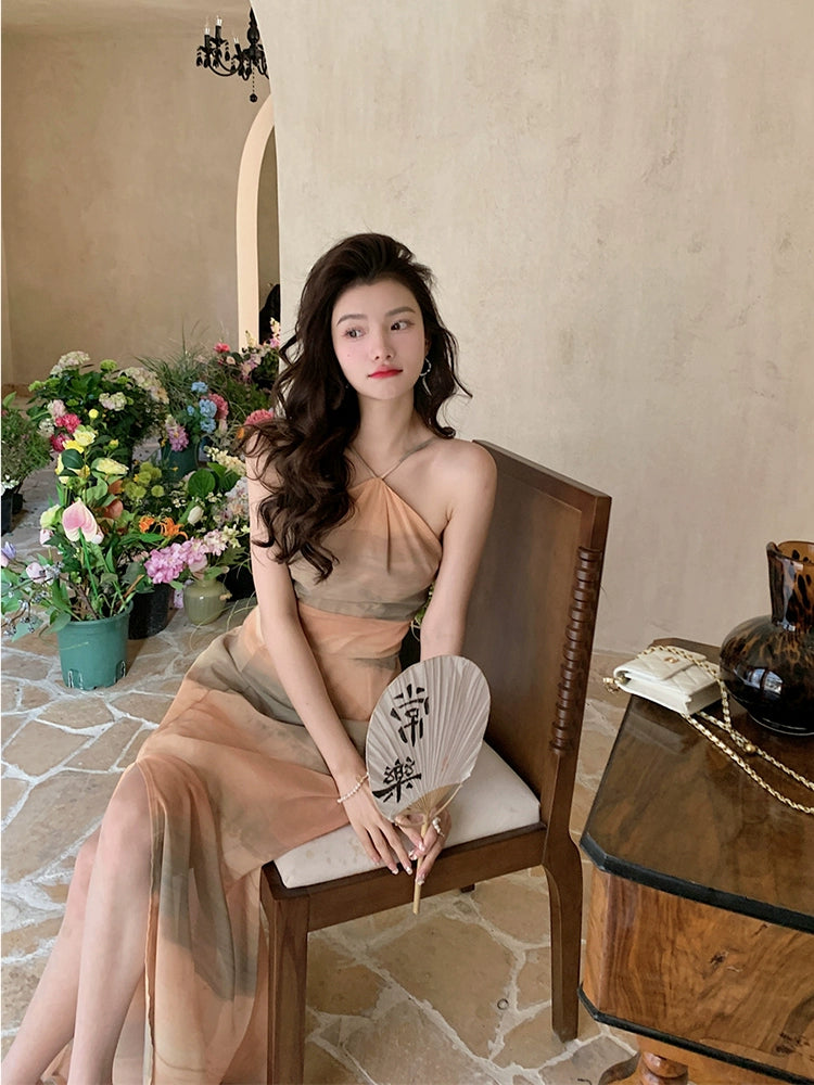Fashion women's wear Chiffon Niche Sleeveless Split Halter Spaghetti Straps Dress Retro Hong Kong Style Tight Waist Seaside Vacation Dress Beach Dress