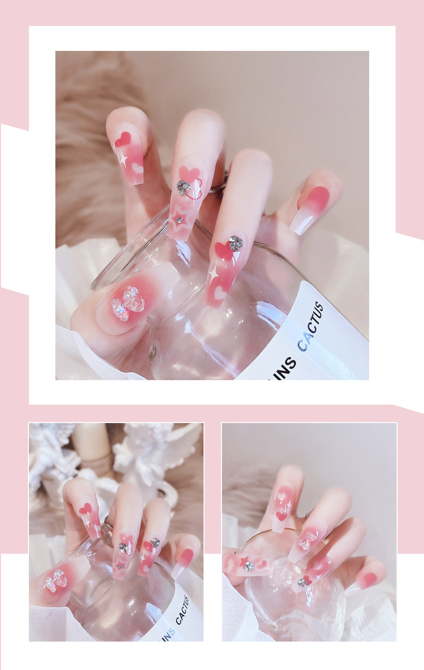 Fashion  nail New Bear Peach Heart Cute Long Finished Nail Beauty Wearable Fake Nails Removable Nail Tip Wearable Nail X75