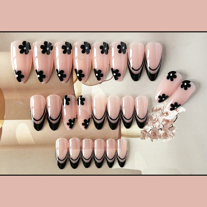 黑色小花穿戴甲法式nails 跨境美甲片外贸假指甲长尖甲型美甲贴片