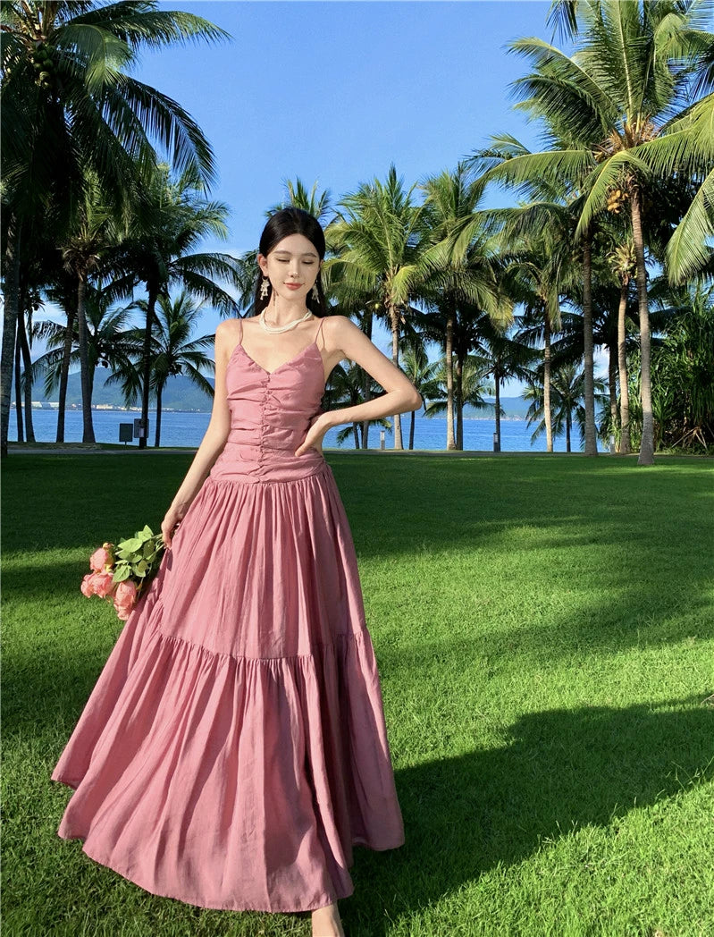 Fashion women's wear Beautiful Dopamine Special-Interest Design Lace-up Pleated Backless Vacation Style Sling Dress High-Grade Sense Temperament Long Dress