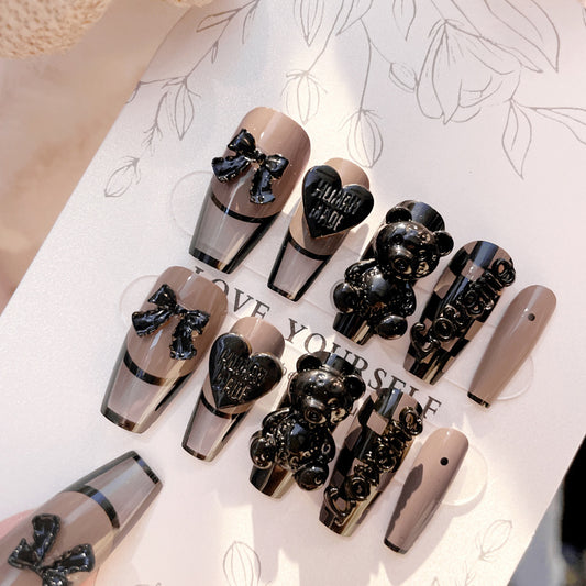 Fashion  nail New Manicure Wear Nail Pure Desire Style Cute Heart Bear Nail Patch Finished Wear Nail Nail Stickers U22