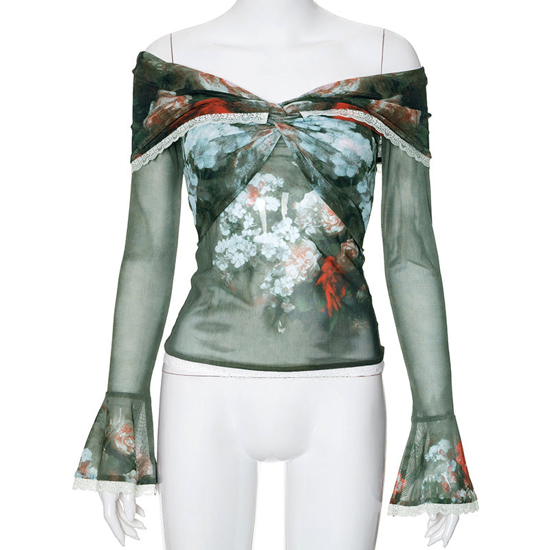 Fashion women's wear Q23tp800 Retro Oil Painting Printing Online off-Neck Long Sleeve Top Women's Slim Fit Slimming Summer New