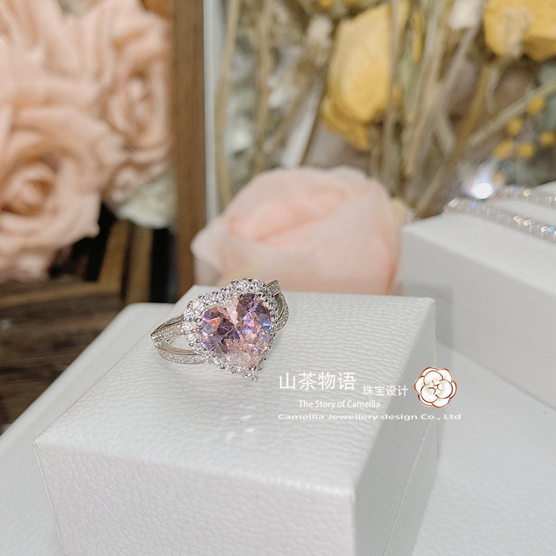 Camellia轻奢粉色碎冰花心形套装女 镀金强保色高碳锆网球链戒指