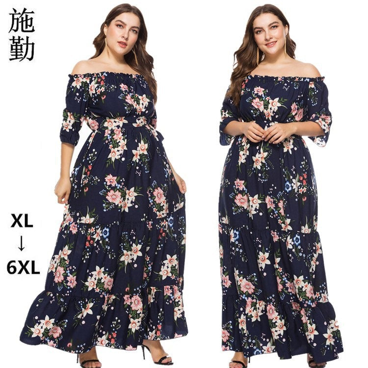 Fashion women's wear 2024   plus Size Women's Clothes Summer Popular off-Neck Plump Girls Bohemian Beach Dress Sq0095b