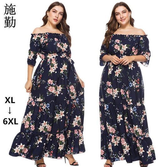 Fashion women's wear 2024   plus Size Women's Clothes Summer Popular off-Neck Plump Girls Bohemian Beach Dress Sq0095b