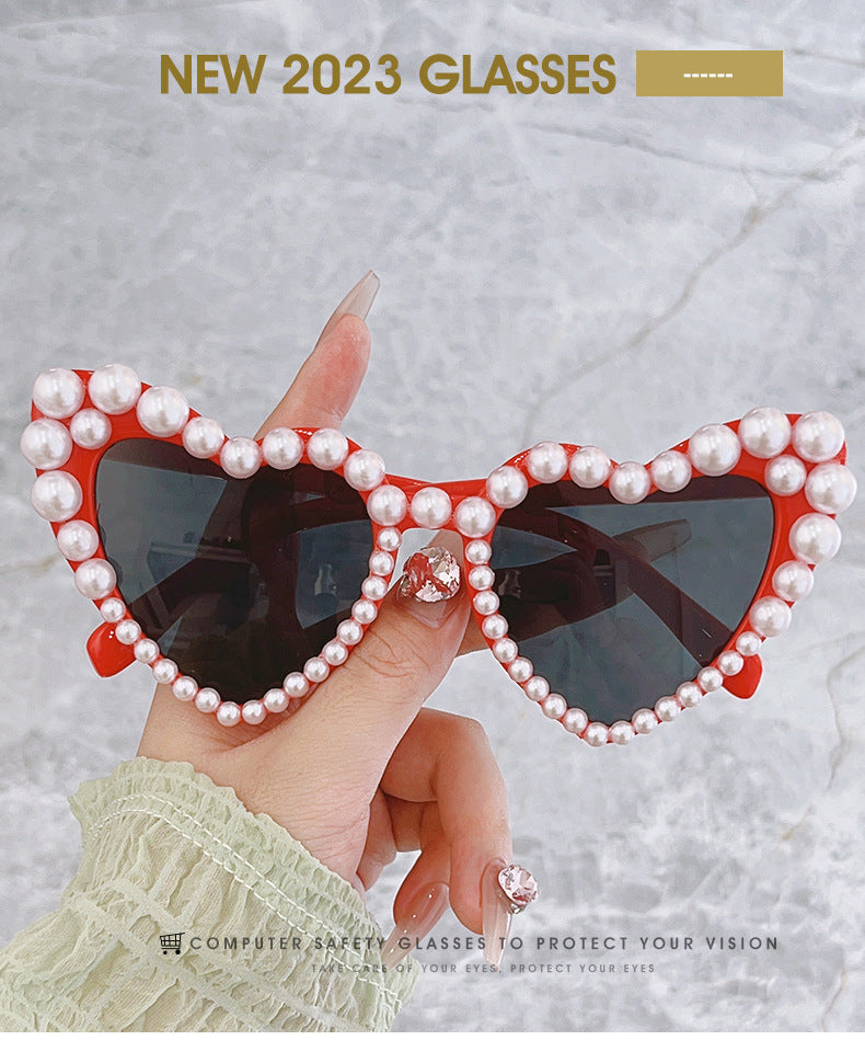Women's fashion glasses 2023爆款心形珍珠太阳镜 个性百搭心形喜欢网红奢华甜美爱心墨镜