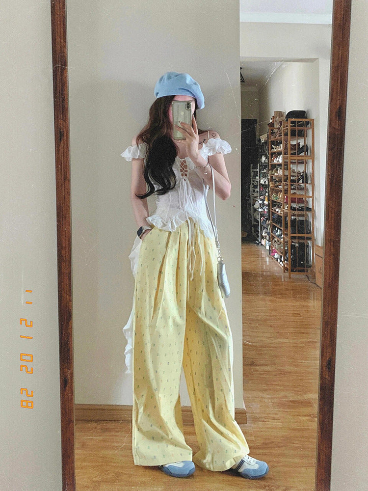 Free shipping  Large size dopamine color polka dot casual trousers women's summer high waist loose and thin walking trousers wide leg trousers tide pants