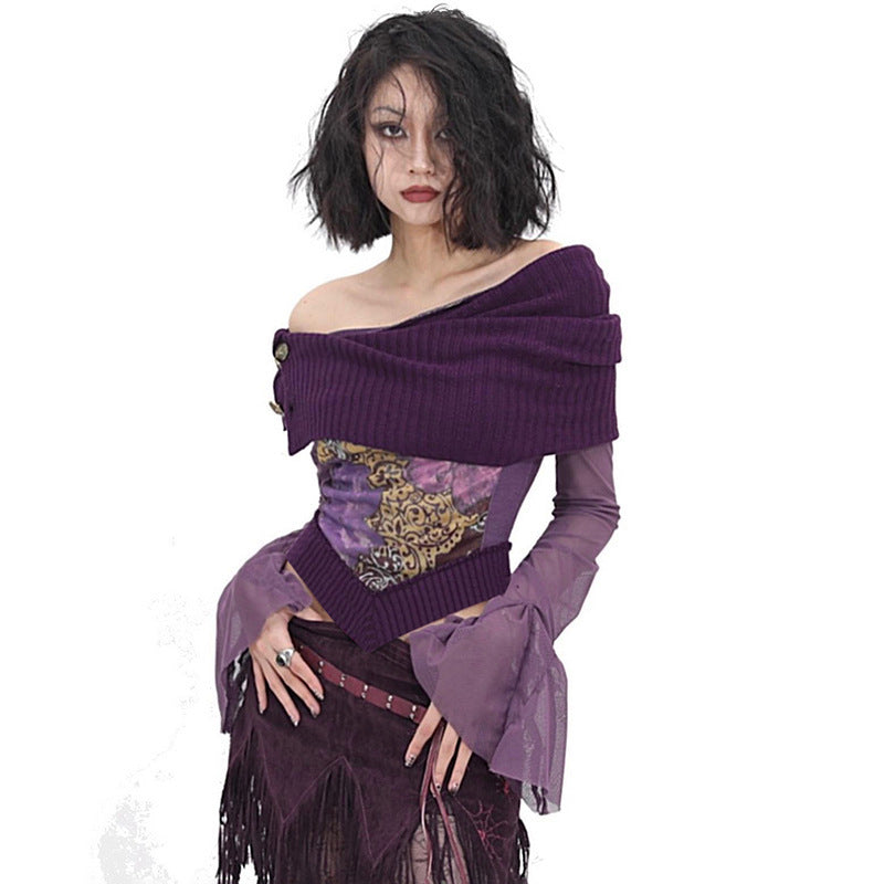 Free shipping  new slanted shoulder long-sleeved printed splicing mesh slim short women's tops