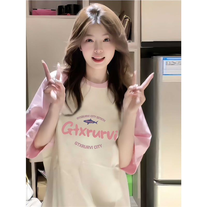 Dopamine tops Free shipping Tattoo 100Kg cotton pink shoulder-plugged short-sleeved t-shirt girlfriend outfit summer female college student dopamine loose and thin top