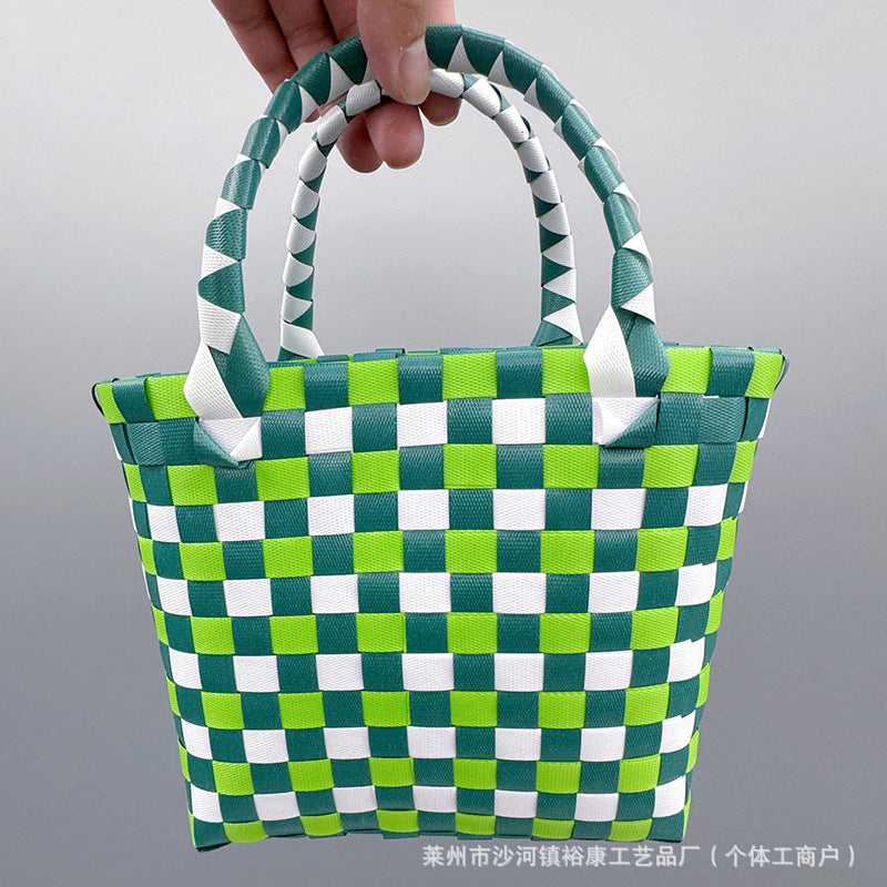 Dopamine Bag Free shipping Tattoo Cartoon dopamine plastic woven bag, trendy macaron hand-woven vegetable basket bag, cute casual seaside beach bag