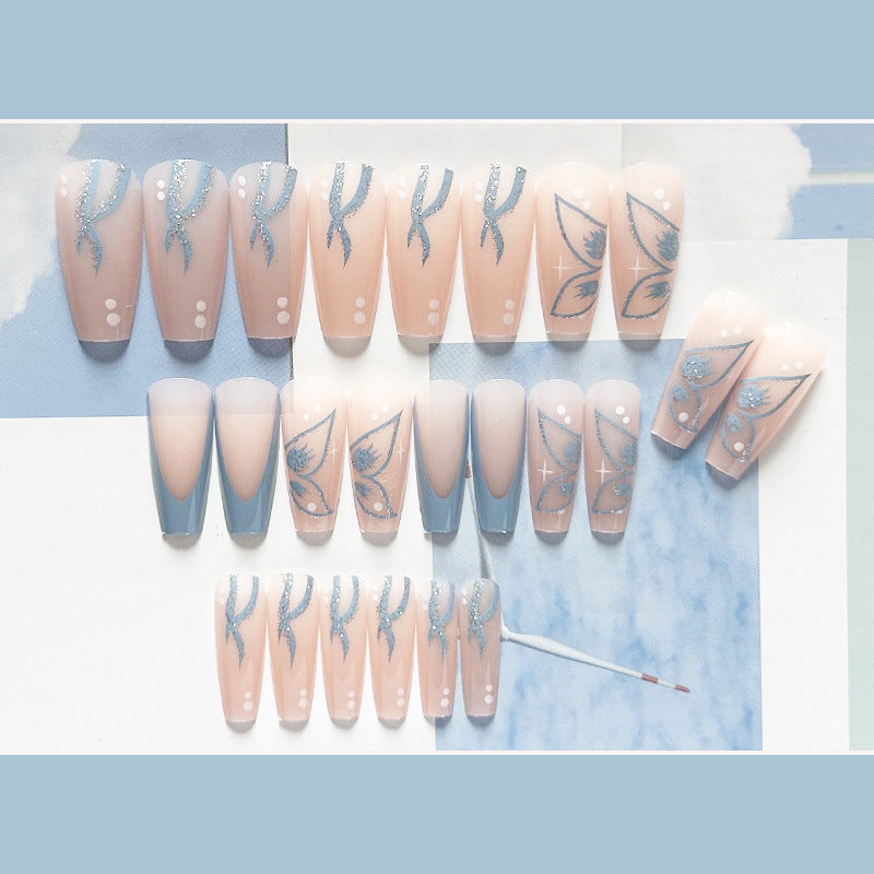 翩翩蓝蝶穿戴甲丝带nails 法式跨境美甲片外贸假指甲长甲美甲贴片