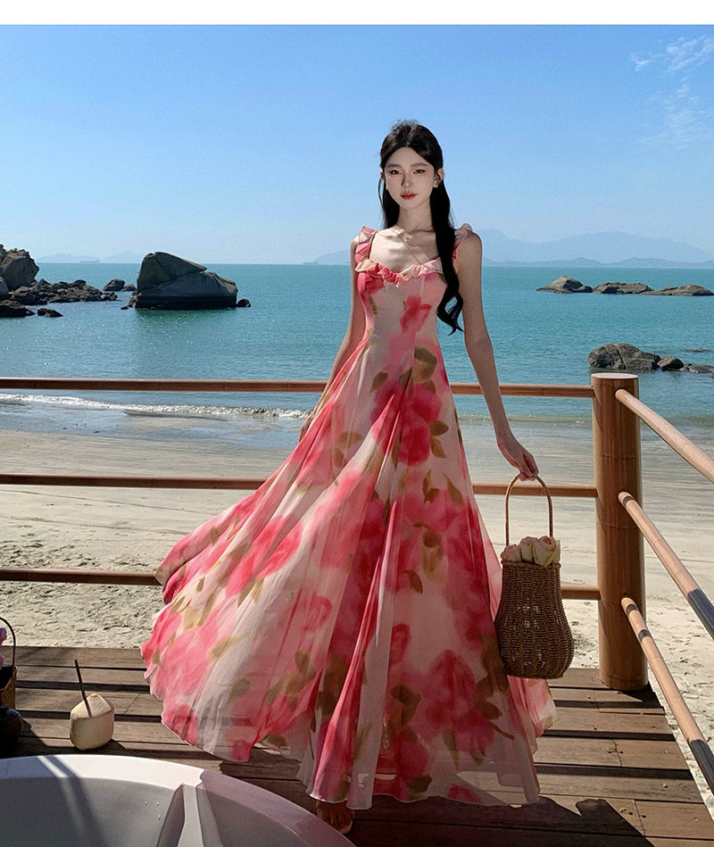 Fashion women's wear Tea Break French Chiffon Sling Dress Fairy Summer Sanya Seaside Vacation Beach Swing Long Dress Elegant