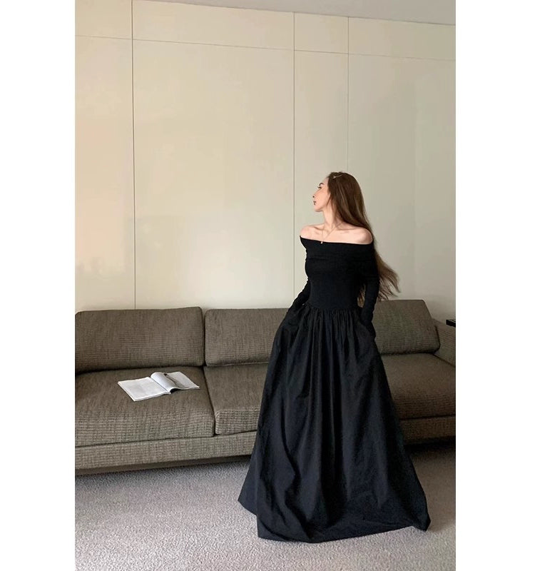 Fashion women's wear Retro Elegant off-Shoulder Long Sleeve Dress Women's Spring and Autumn 2024 New plus Size Plump Girls Waist-Tight A- line Long Skirt