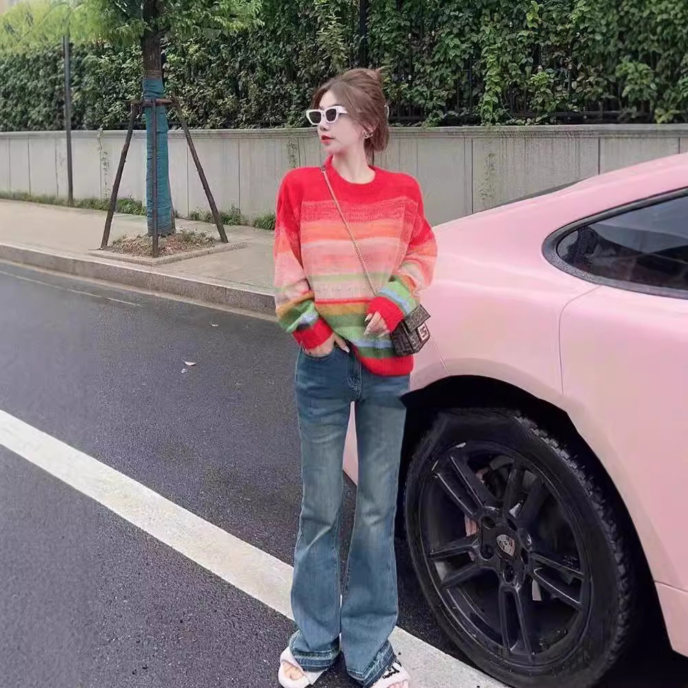 Dopamine tops Free shipping Tattoo 2024 autumn and winter new dopamine wear age-reducing rainbow knitted striped temperament soft waxy lazy wind loose sweater