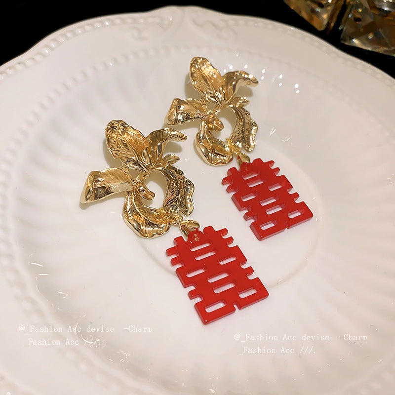 银针花朵褶皱囍字耳环小众百搭新娘装扮耳钉高级感气质耳饰批发女