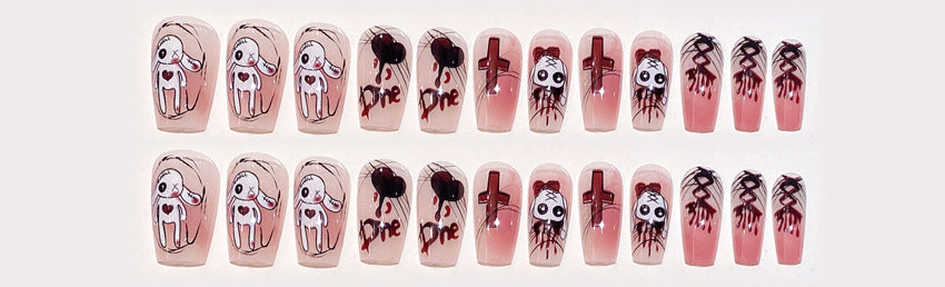 Fashion  nail Cross-Border Halloween Wear Nail Ghost Doll Cross Short 24 Pieces Fake Nail Patch Nail Sticker Wholesale W11