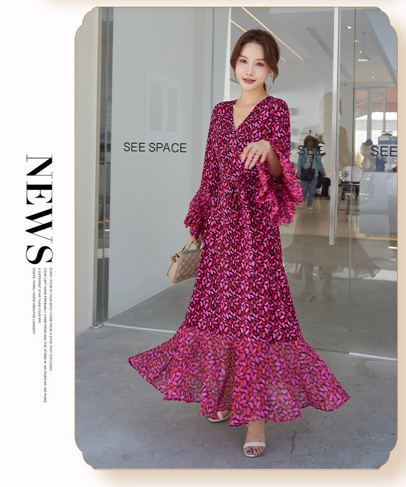Fashion women's wear Small Red Lip Lantern Sleeve Collarless Long Dress One-Piece Elegant New Leopard Print Printed V-neck Lace-up Wrap Skirt