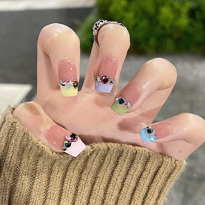 七彩糖果穿戴甲可爱指甲贴片学生美甲片半手工假指甲美甲贴片成品
