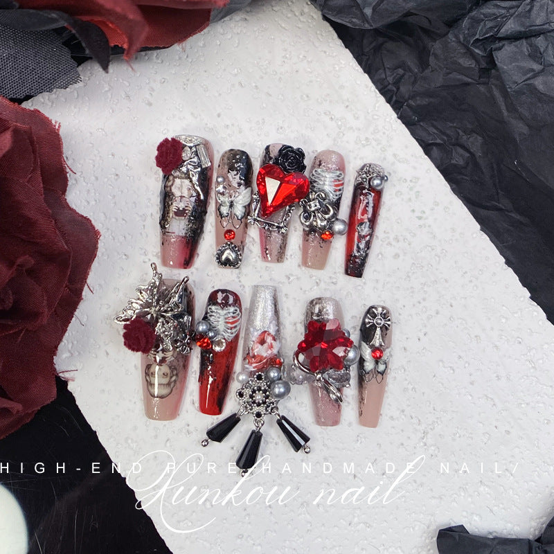 (Hand-Made Nail) Handmade Wear Nail Factory Straight Hair Dark Nail Art Halloween Skull Baroque Heavy Industry Metal Punk Goth