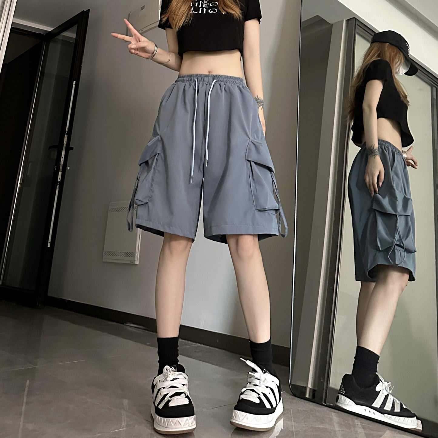Dopamine pants Free shipping Tattoo Dopamine sports shorts women's American summer thin outer wear wide-leg casual and thin quick-drying overalls five points