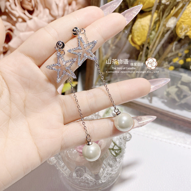 金晨孤注一掷同款五角星珍珠前后戴耳环长款星星链条淑女气质耳坠