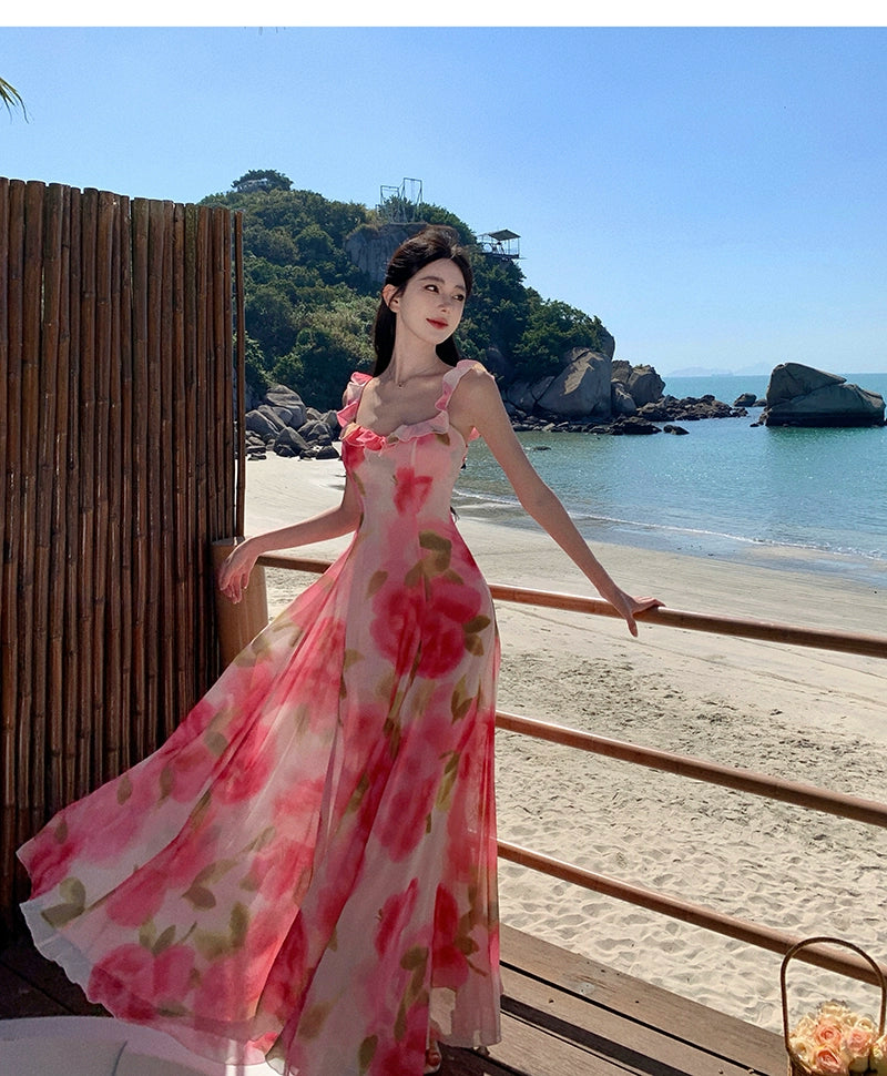 Fashion women's wear Tea Break French Chiffon Sling Dress Fairy Summer Sanya Seaside Vacation Beach Swing Long Dress Elegant