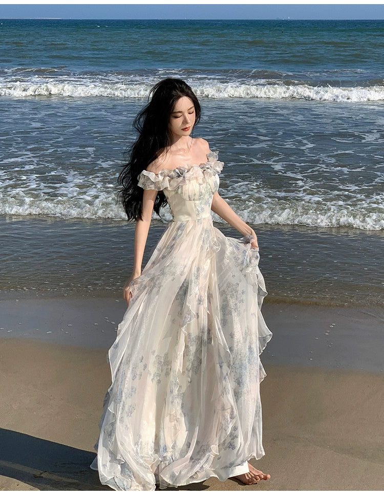 Fashion women's wear Seaside Vacation Style Suspender Skirt Yarn French Ruffled Beach Dress Atmosphere Long Skirt Elegant Fairy Style