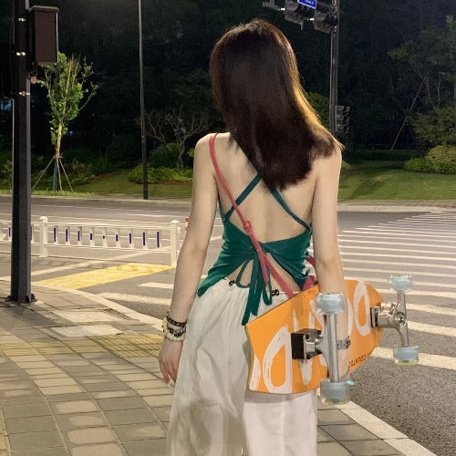 Dopamine tops Free shipping Tattoo Dopamine wears a green small suspender vest for women's summer wear with chest pad backless sweet and spicy sleeveless strap top