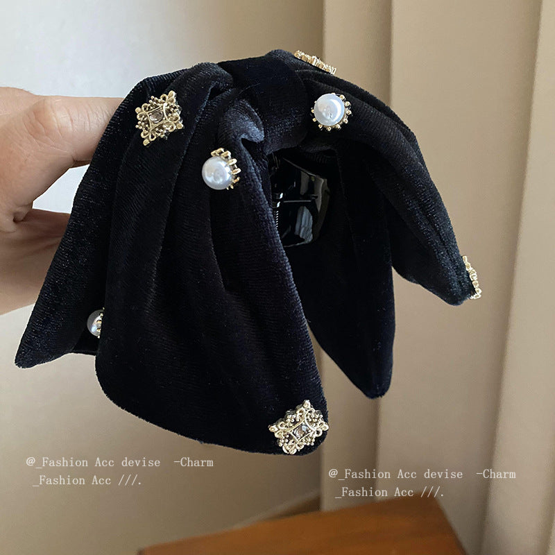 秋冬绒布蝴蝶结珍珠发夹甜美百搭高级感鲨鱼夹小众抓夹发饰批发女