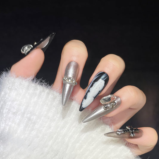 (reusable nail)Handmade Armor Wearing Fantasy Empress Dowager Xi, Silver White Silver Sparkling Spicy Girl Nail Beauty, European and American Cross border Foreign Trade, Long Pointed Nail