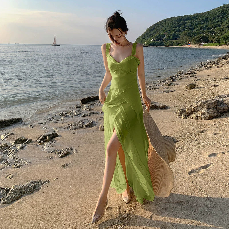 Fashion women's wear French Fairy High-Grade Green Suspenders Dress Ruffled Temperamental Fairy Split Seaside Holiday Beach Dress