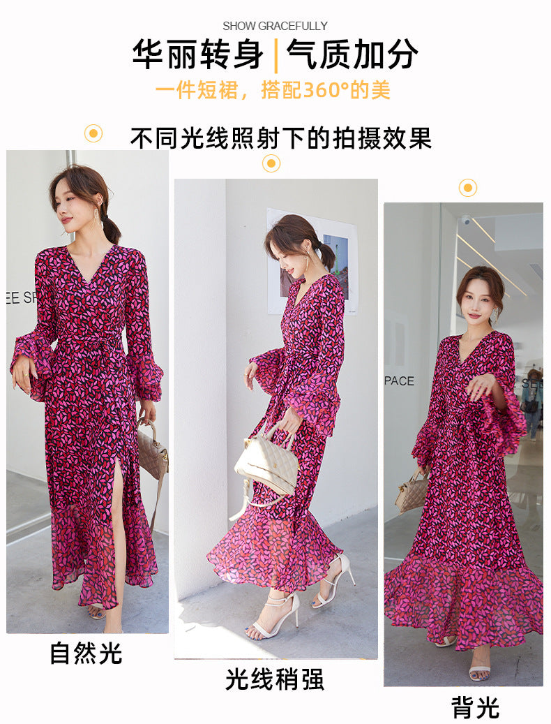Fashion women's wear Small Red Lip Lantern Sleeve Collarless Long Dress One-Piece Elegant New Leopard Print Printed V-neck Lace-up Wrap Skirt