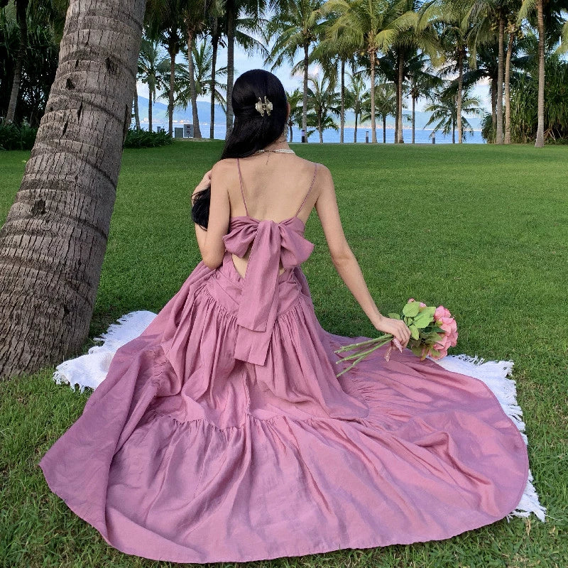 Fashion women's wear Beautiful Dopamine Special-Interest Design Lace-up Pleated Backless Vacation Style Sling Dress High-Grade Sense Temperament Long Dress