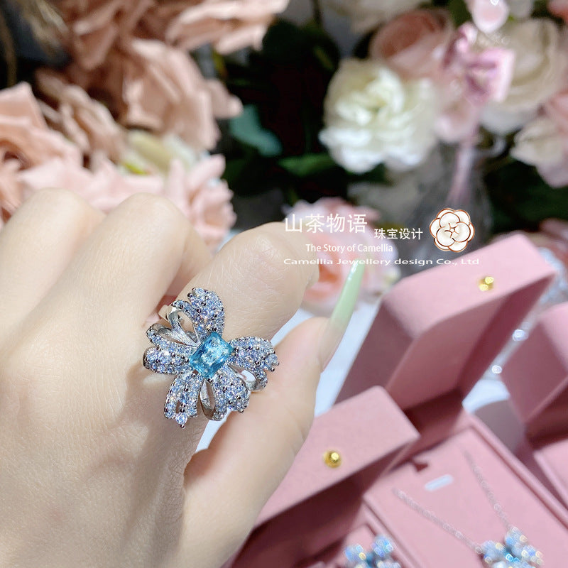 Camellia古风仙气设计蝴蝶结套装女镀金仿托帕浅海蓝戒指耳钉项链