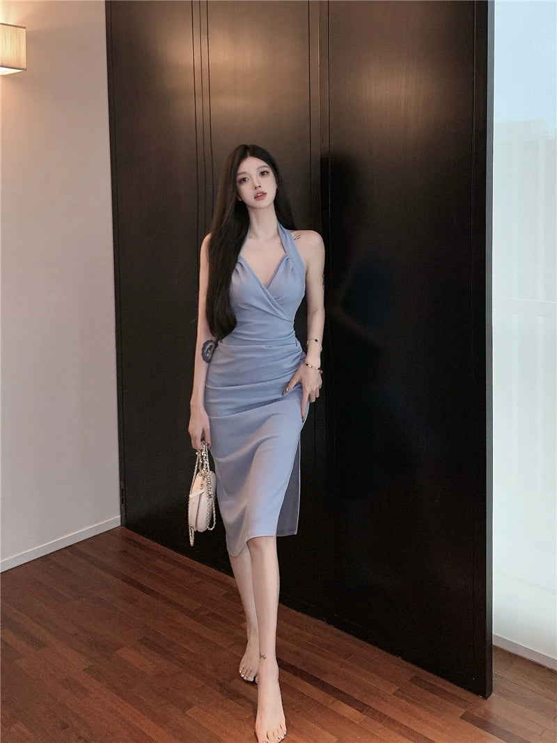 Fashion women's wear Sexy Hot Girl Elegant Halter V-neck Strap Dress Women's Summer New Pure Want to Tight Waist Sheath Mid-Length Skirt