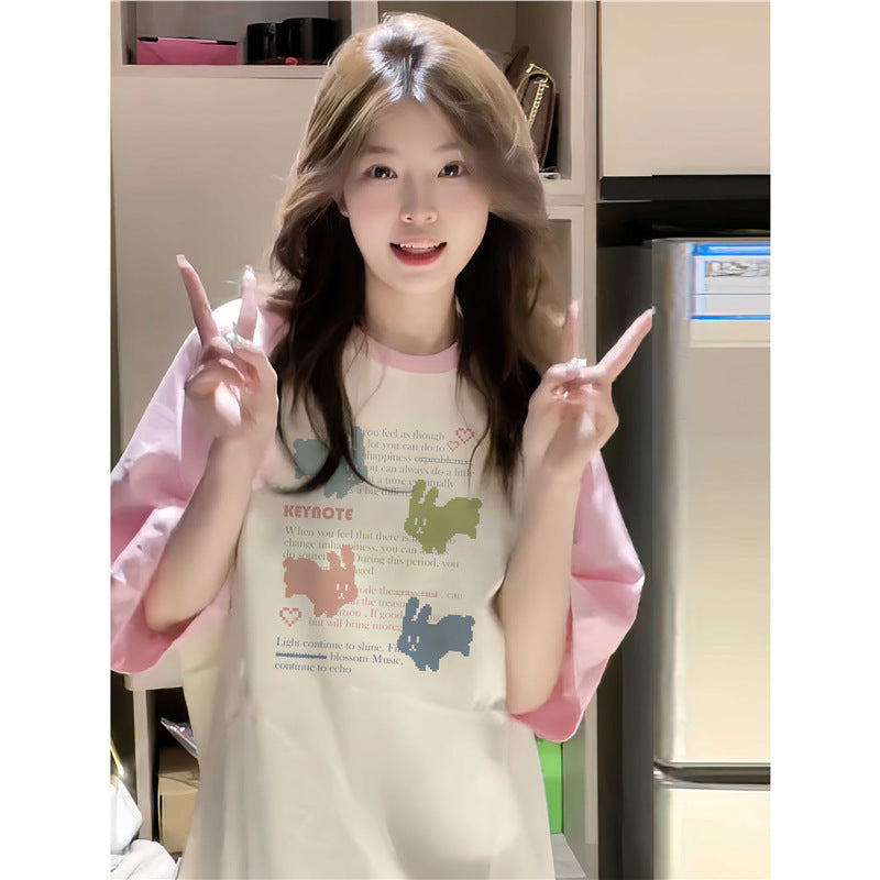 Dopamine tops Free shipping Tattoo 100Kg cotton pink shoulder-plugged short-sleeved t-shirt girlfriend outfit summer female college student dopamine loose and thin top