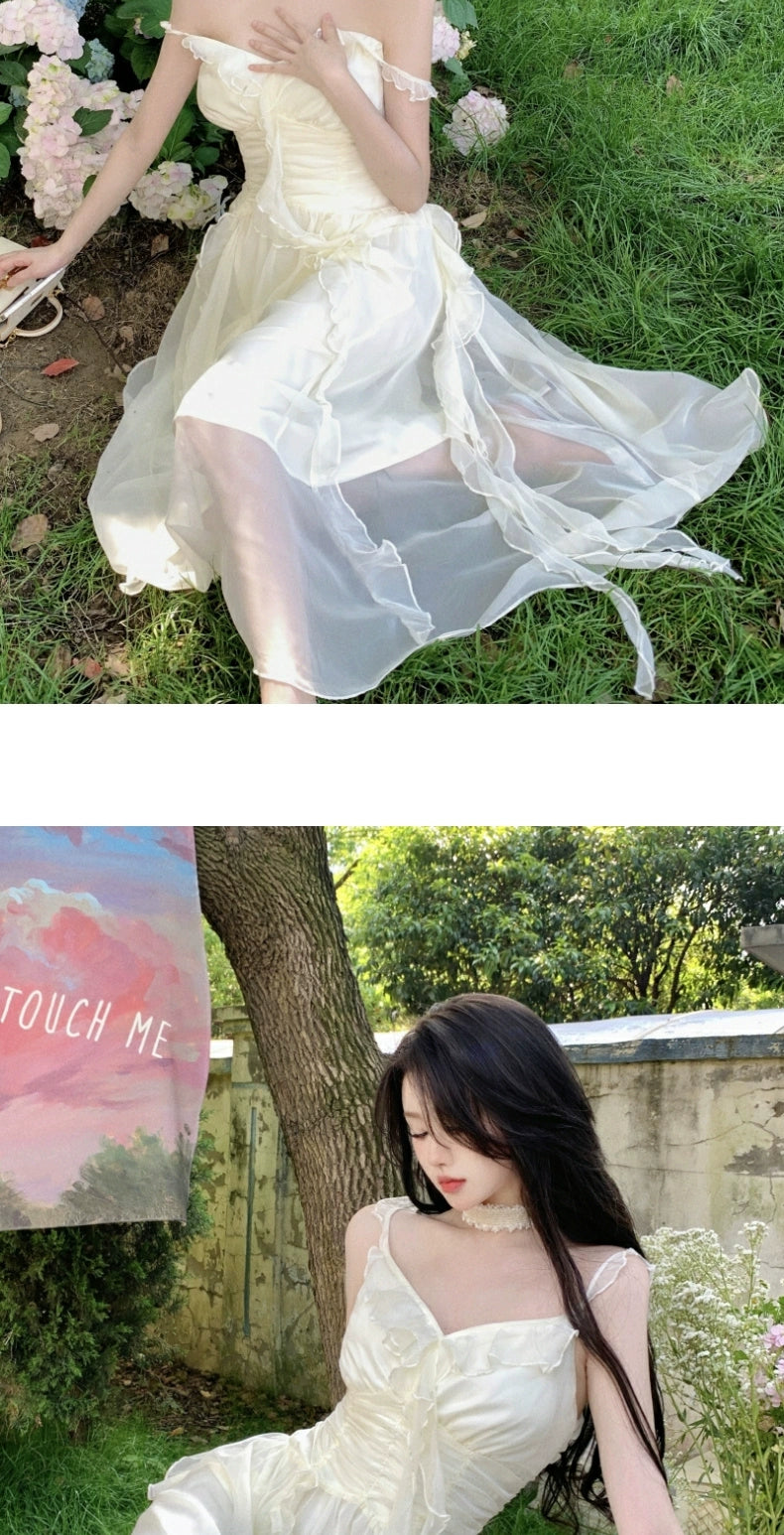 Fashion women's wear French Pure Desire Sexy White Ruffled Chiffon Sling Dress Fairy Seaside Vacation Escape Princess Long Dress