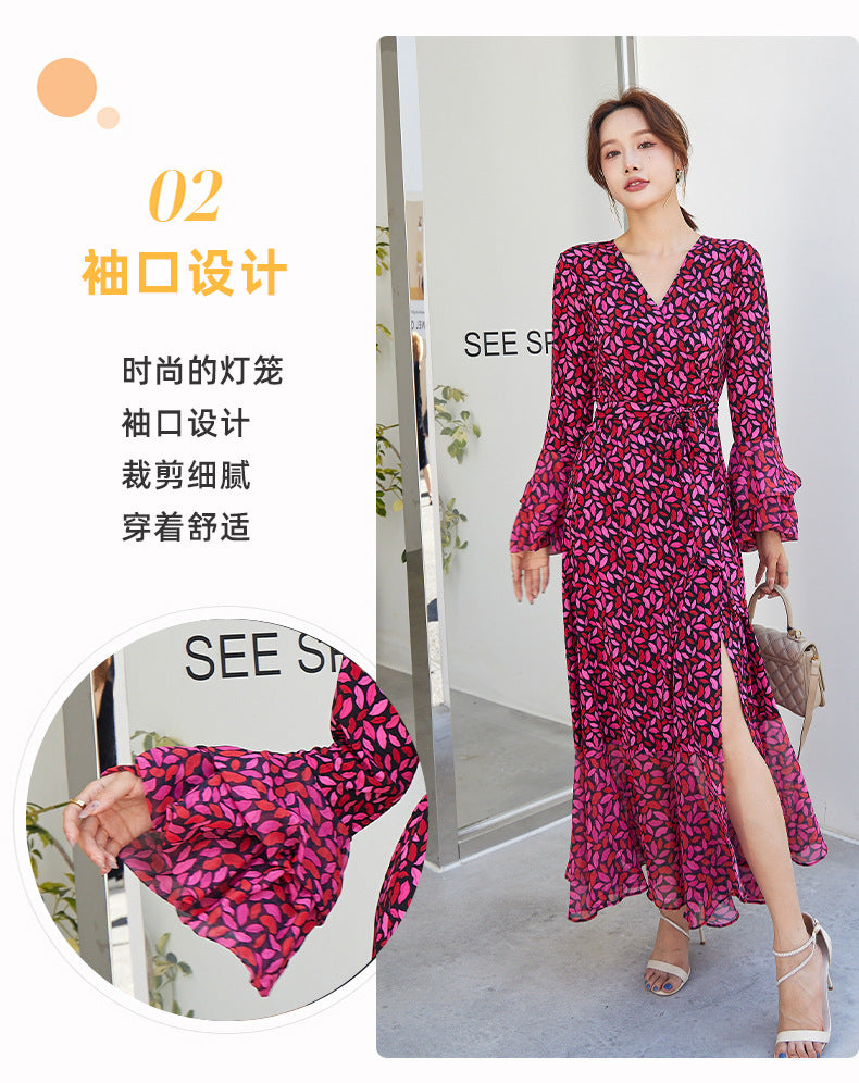 Fashion women's wear Small Red Lip Lantern Sleeve Collarless Long Dress One-Piece Elegant New Leopard Print Printed V-neck Lace-up Wrap Skirt