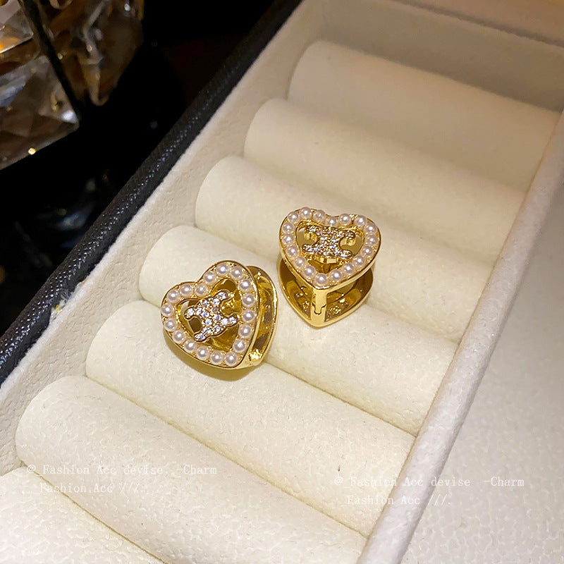 真金电镀双面珍珠爱心耳扣法式高级感气质耳环小众设计感耳饰批发