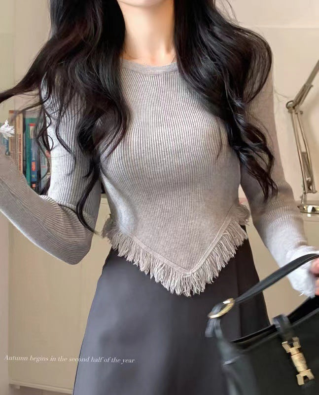 Dopamine tops Free shipping Tattoo Autumn and winter pure desire Su irregular knitted sweater top women's design sense slim fit sweet cool long sleeve short style tide