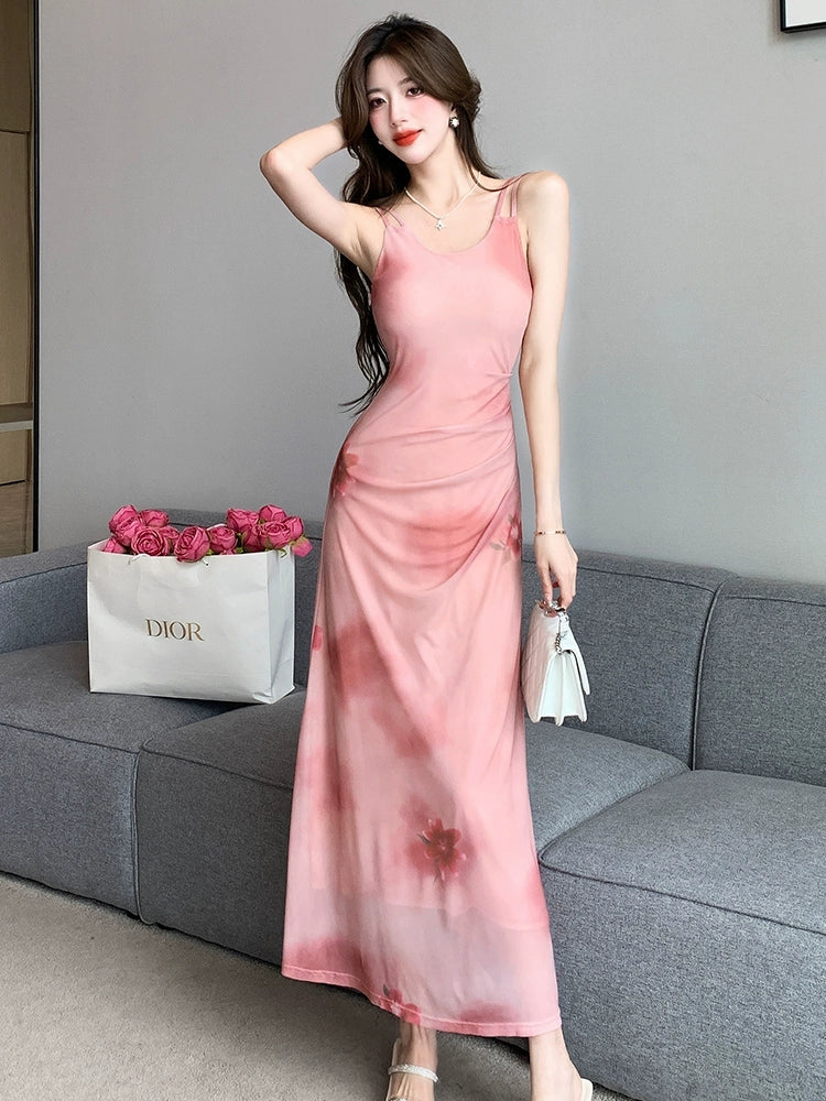 Fashion women's wear Gentle Pink Mori Dress Design Sleeveless Camisole Dress Women's Summer Fashion Tie-Dye A- line Dress