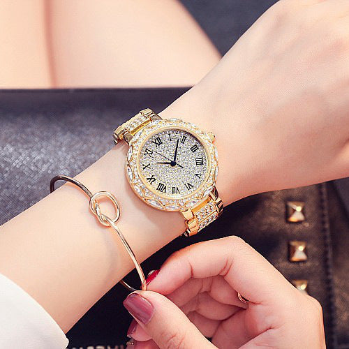 Fashion women's watchForeign Trade Starry Rhinestone Women's Bracelet Watch Women's Korean-Style Diamond-Embedded Roman Scale Alloy Steel Chain Women's Watch