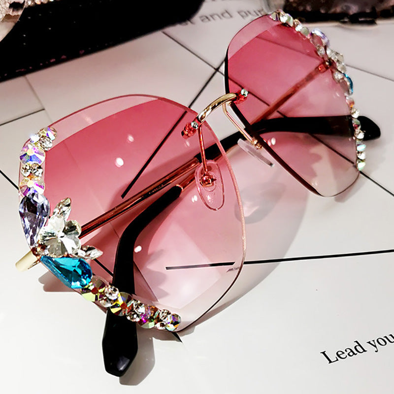 Women's fashion glasses 2024  新款时尚太阳镜女士防紫外线大脸显瘦无框水钻墨镜女ins韩版潮