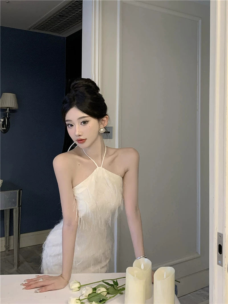 Fashion women's wear French Backless Tassel Halter Spaghetti Straps Dress Women's Spring Temperament Advanced Sexy Engagement License Birthday Party Formal Dress