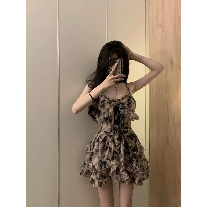 Fashion women's wear French Ink Floral Strap Dress Women's Waist-Tight Dignified Sense of Design Niche Pure Hot Girl Short Skirt Summer
