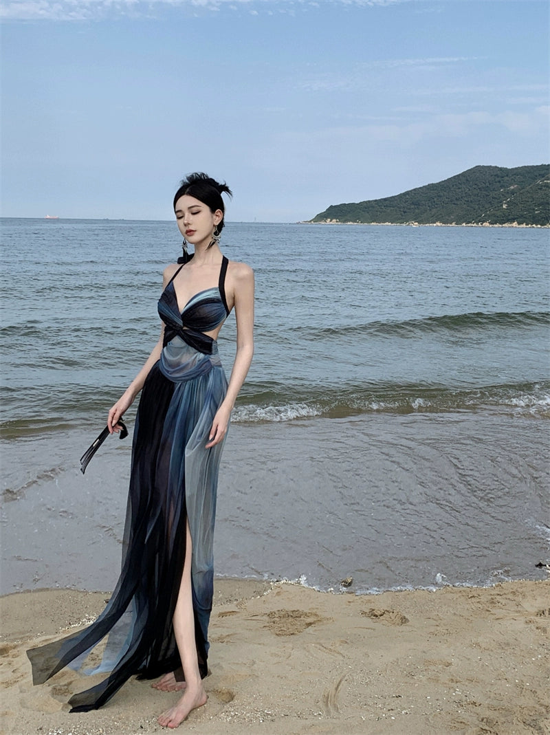 Fashion women's wear Thailand Sanya Holiday Halter Dress Summer Backless Seaside Travel Wear and Take Photos Beach Skirt Atmosphere